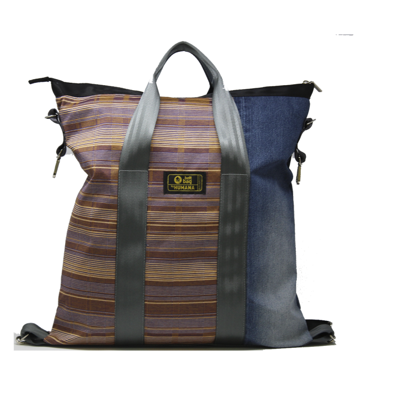 Borsa/zaino in jersey intreccio arancione e blu e jeans