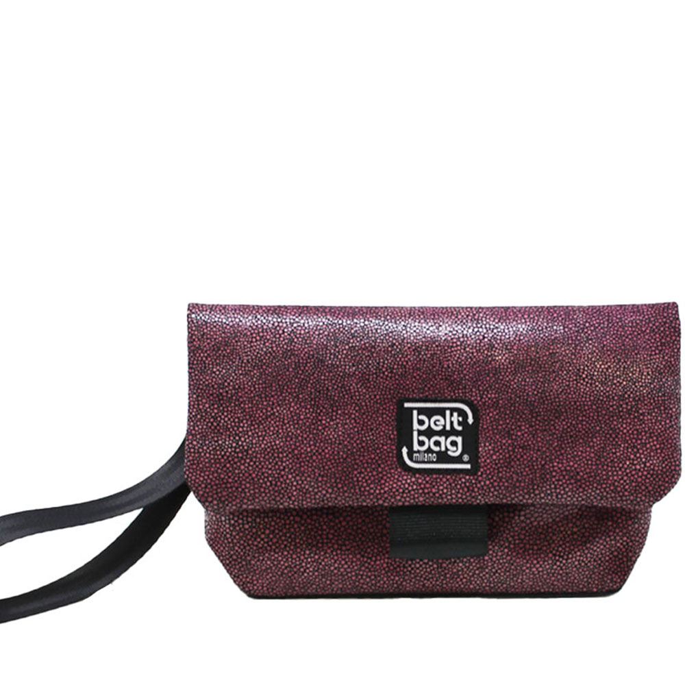 FLAP-MN-similpelle-stampata-fantasia-gocce-colore-rosa-nero-con-chiusura-in-cintura-nera-front